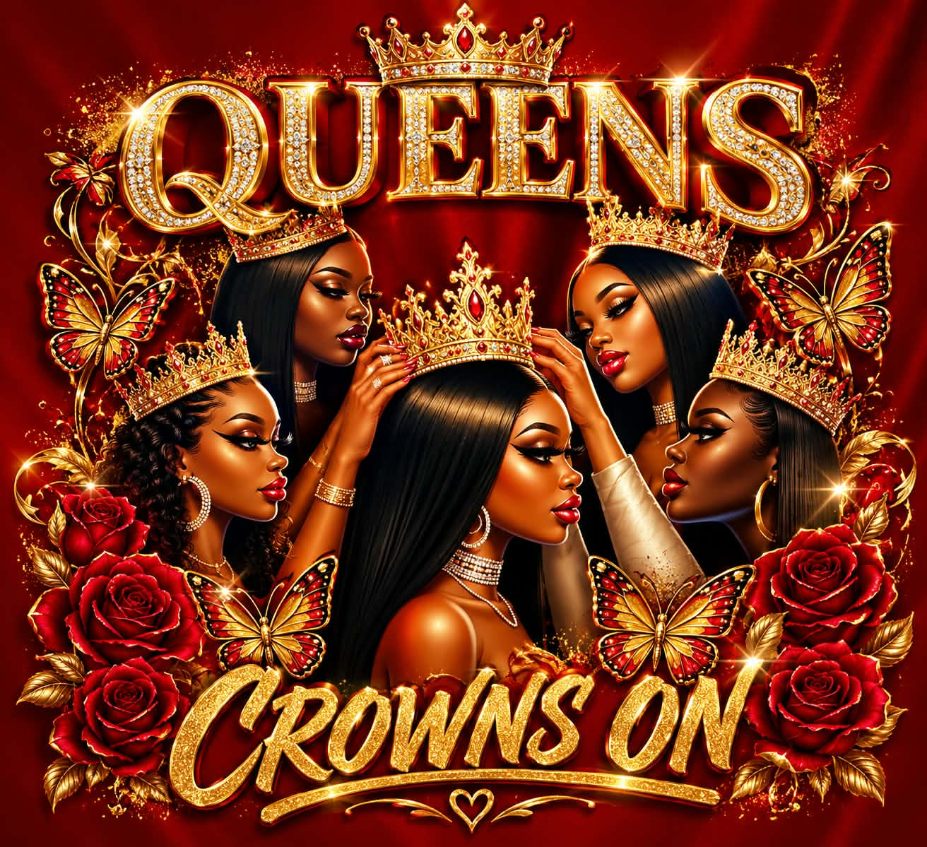 Queens, crowns on: five crowned women surrounded by red roses and butterflies