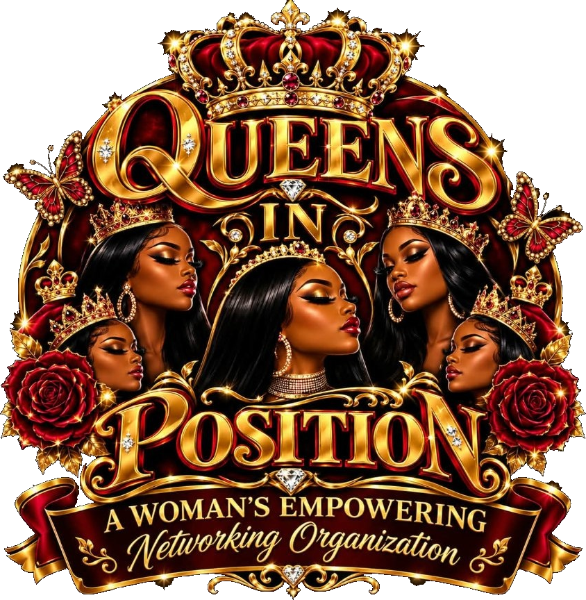 Queens in Position: gold lettering with a crown, roses and butterflies